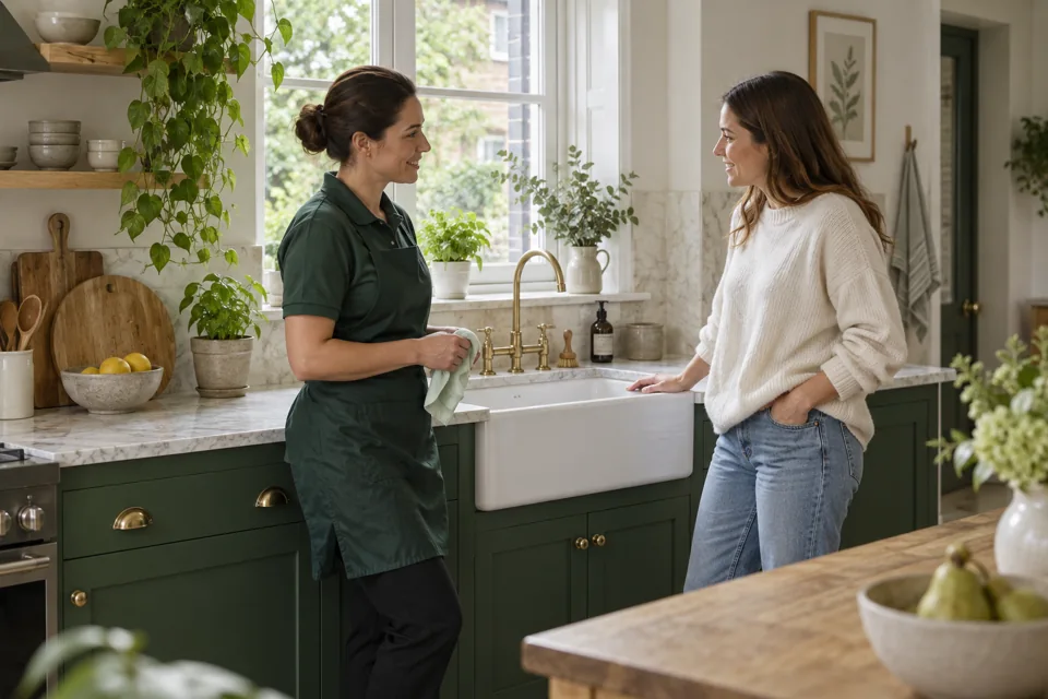 Illustration of a resident and cleaner discussing household work at handover