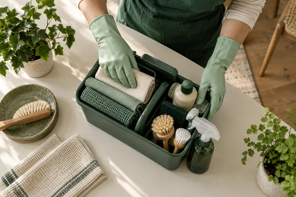 Illustration of cleaning cloths and brushes being prepared in a work caddy