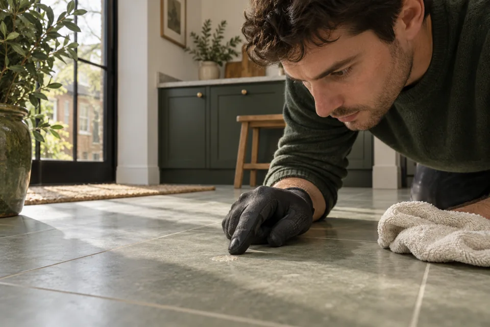 Illustration of a small residue mark being inspected on a finished tile