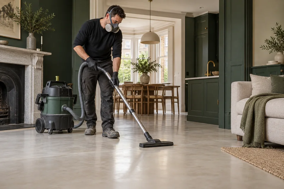 Illustration of controlled floor dust removal using an enclosed professional extractor