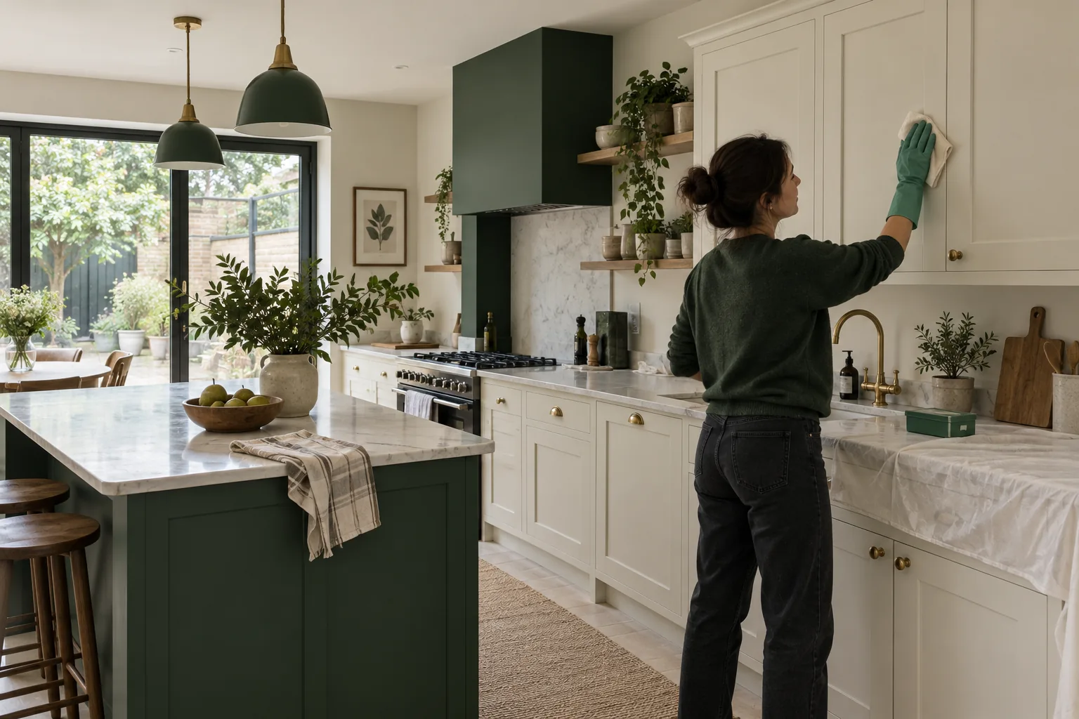 Illustration of cabinet-front cleaning in a recently completed London kitchen renovation