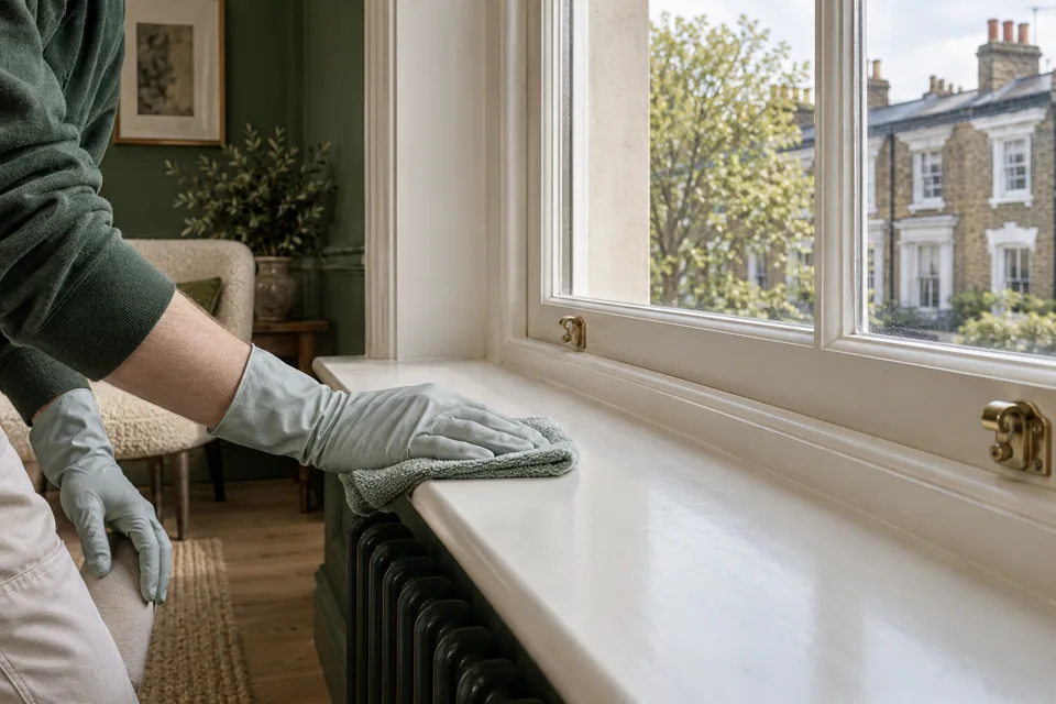 Illustration of settled dust being wiped from an accessible painted windowsill