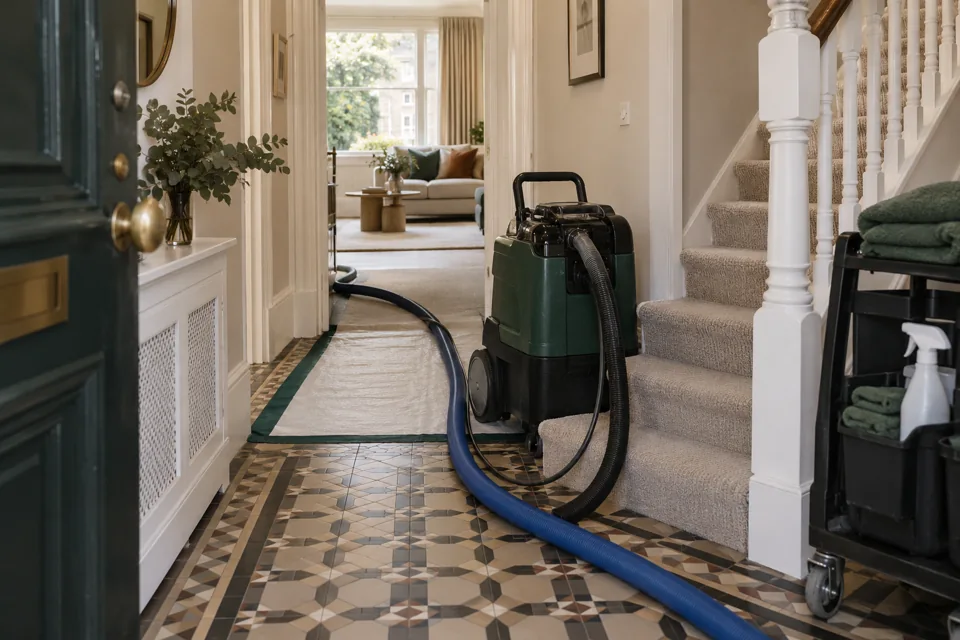 Illustration of a carpet cleaning machine and hoses arranged in a London hallway