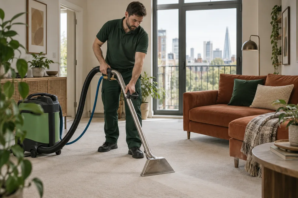 Illustration of a cleaner using a carpet extraction wand in a London flat