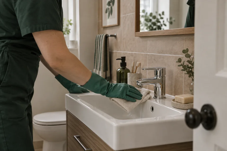 Illustration of a gloved cleaner wiping a bathroom tap and basin edge