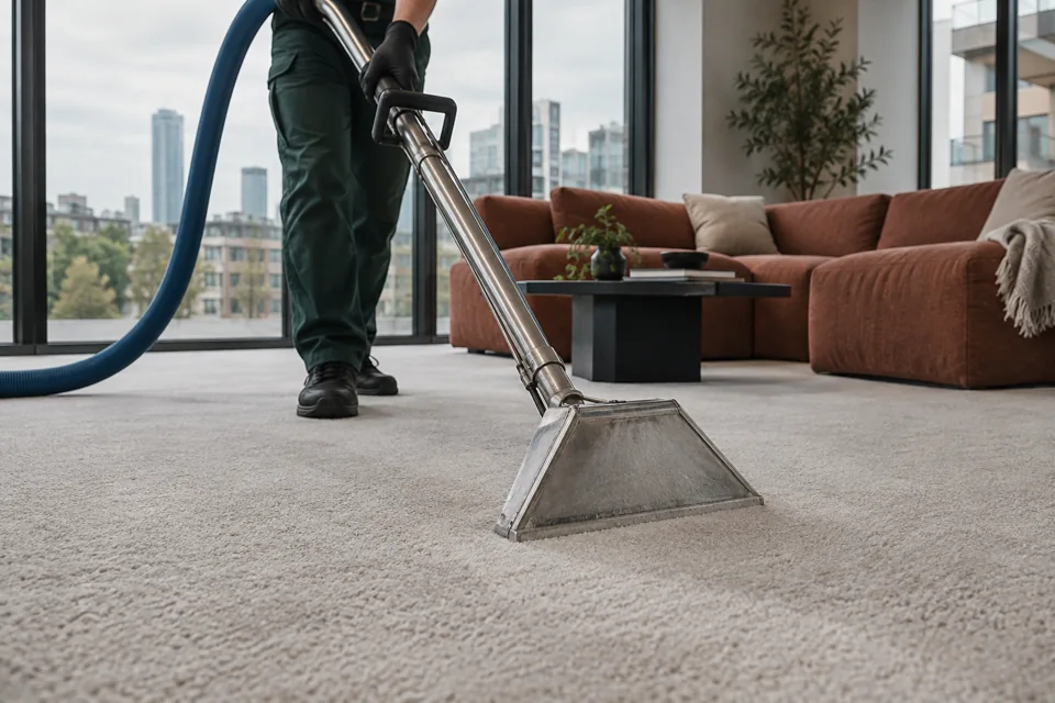 Illustration of a carpet extraction wand cleaning a pale carpet
