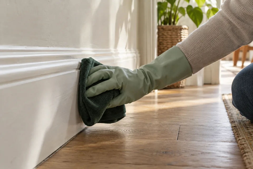 Illustration of a microfibre cloth being used on a painted skirting board