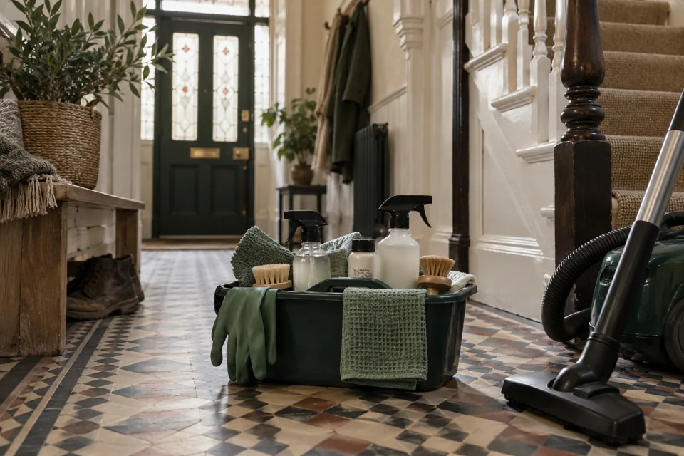Illustration of a practical cleaning caddy, cloths and vacuum in a tiled British hallway