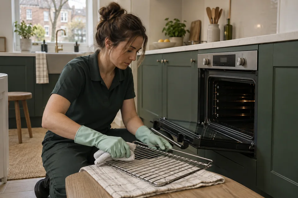 Illustration of a cleaner working on an oven rack beside an open oven