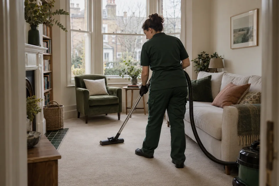 Illustration of a cleaner vacuuming a carpet beside a sofa in a British sitting room