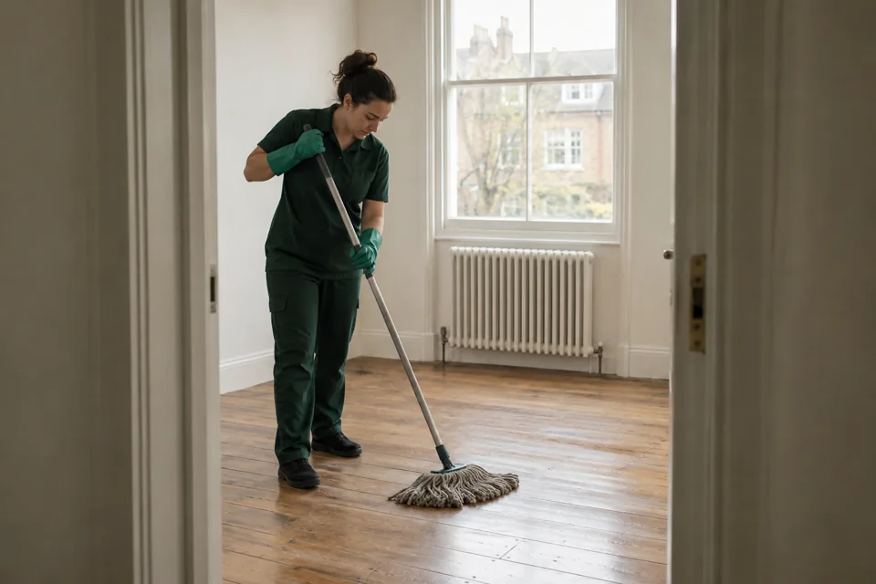 Illustration of a cleaner mopping the floor of an empty London rental flat