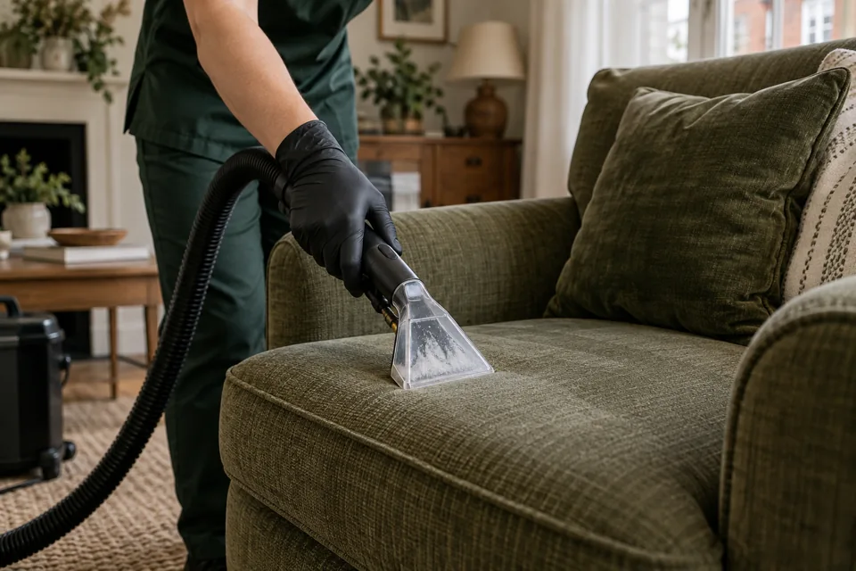 Illustration of specialist fabric-cleaning equipment on an upholstered chair