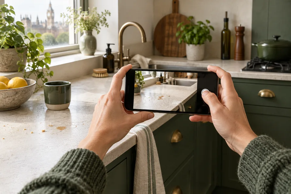 Illustration of a kitchen surface being photographed for a cleaning enquiry
