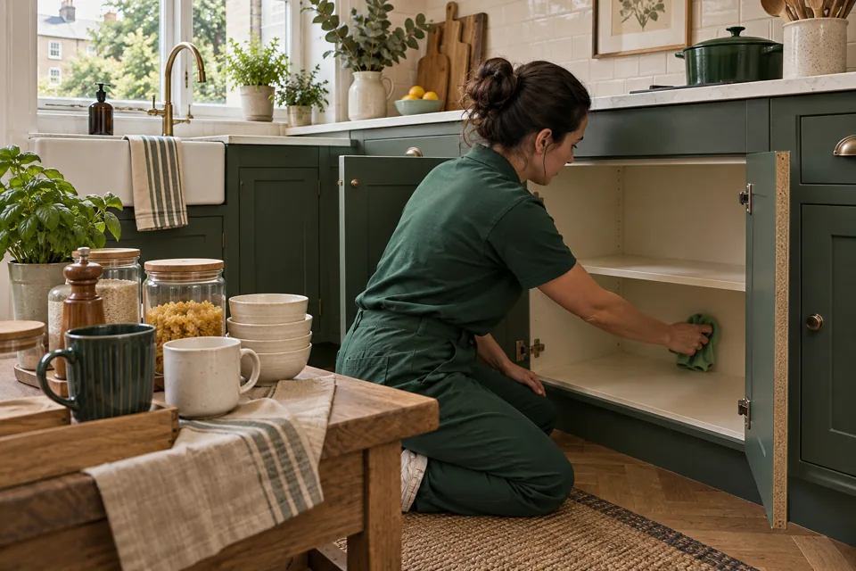 Illustration of a selected empty kitchen cupboard being cleaned