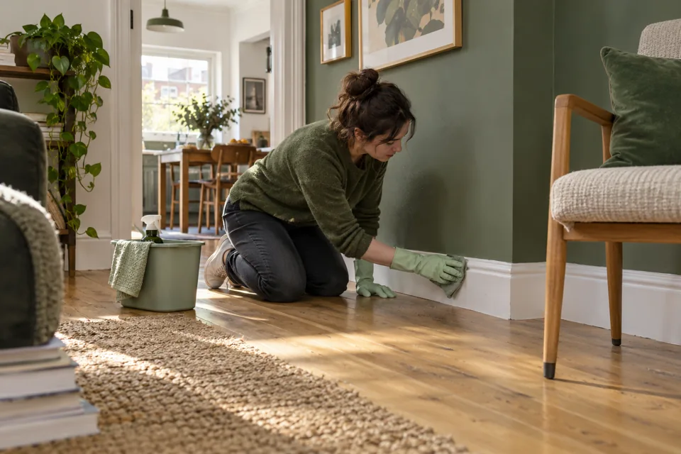 Illustration of accessible skirting being wiped beside a lightweight chair