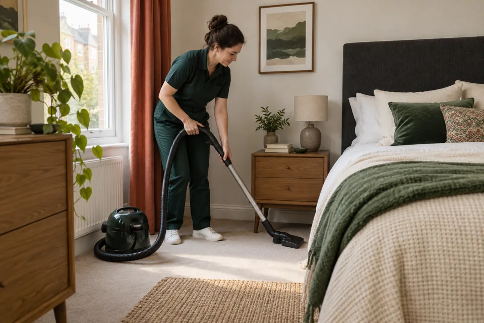 Illustration of an accessible bedroom floor being vacuumed beside a bedside cabinet