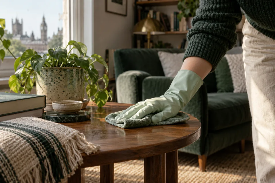 Illustration of gentle cloth cleaning on a sealed wooden household surface