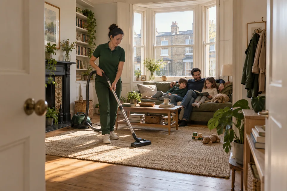 Illustration of vacuuming beside a sofa in an occupied London flat