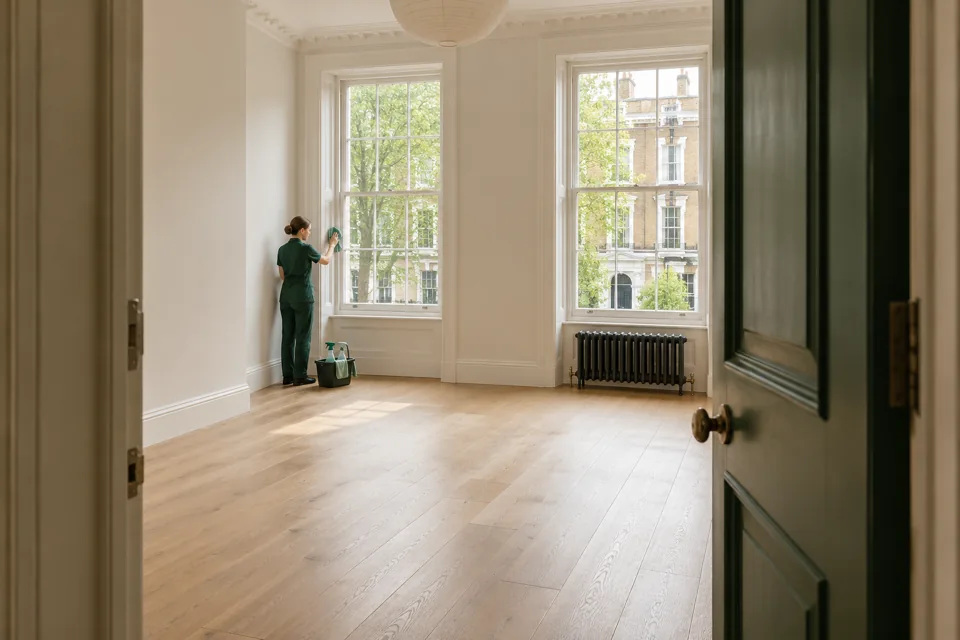 Illustration of an empty London rental flat being prepared for a cleaning visit