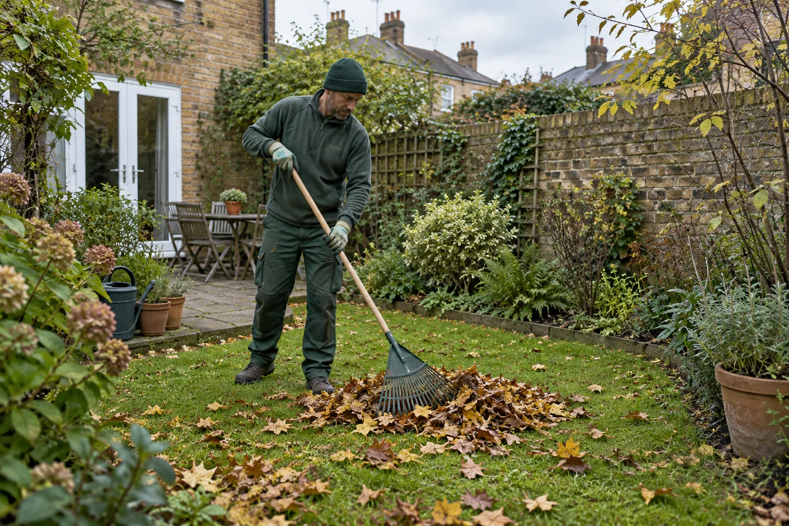 Illustration of loose leaves being raked in a small London garden