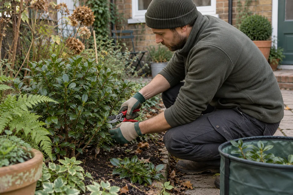 Illustration of careful ground-level secateur work on a low shrub