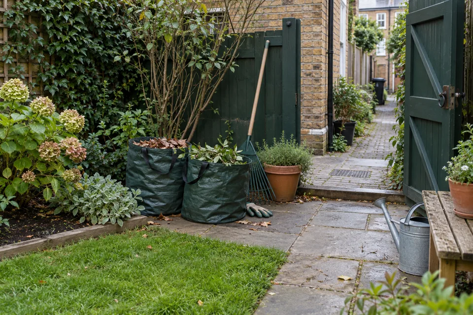 Illustration of gathered leaves and small prunings in garden sacks beside a clear gate