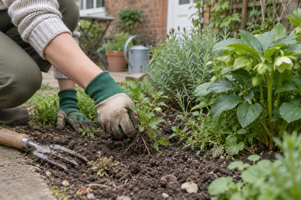 Illustration of hand weeding beside retained plants in an accessible garden bed
