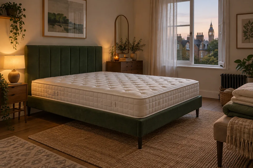 Illustration of an uncovered mattress with bedding set aside and a clear bedroom route