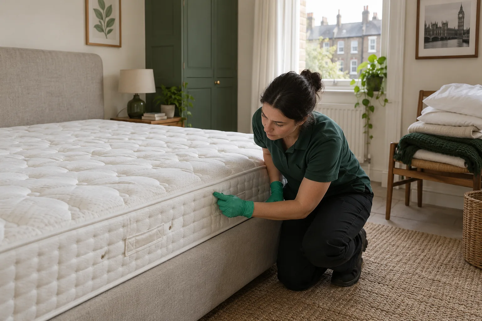 Illustration of a bare quilted mattress being inspected in a London bedroom