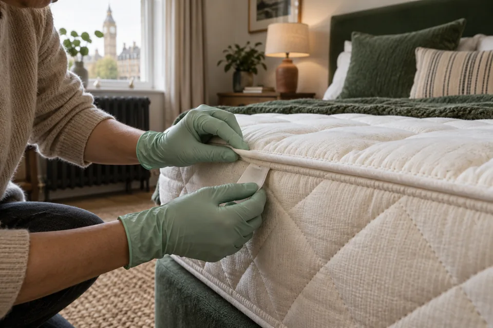 Illustration of a mattress seam and care label being checked before treatment