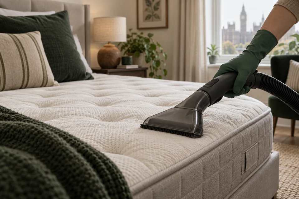 Illustration of a dry upholstery vacuum nozzle on a conventional quilted mattress