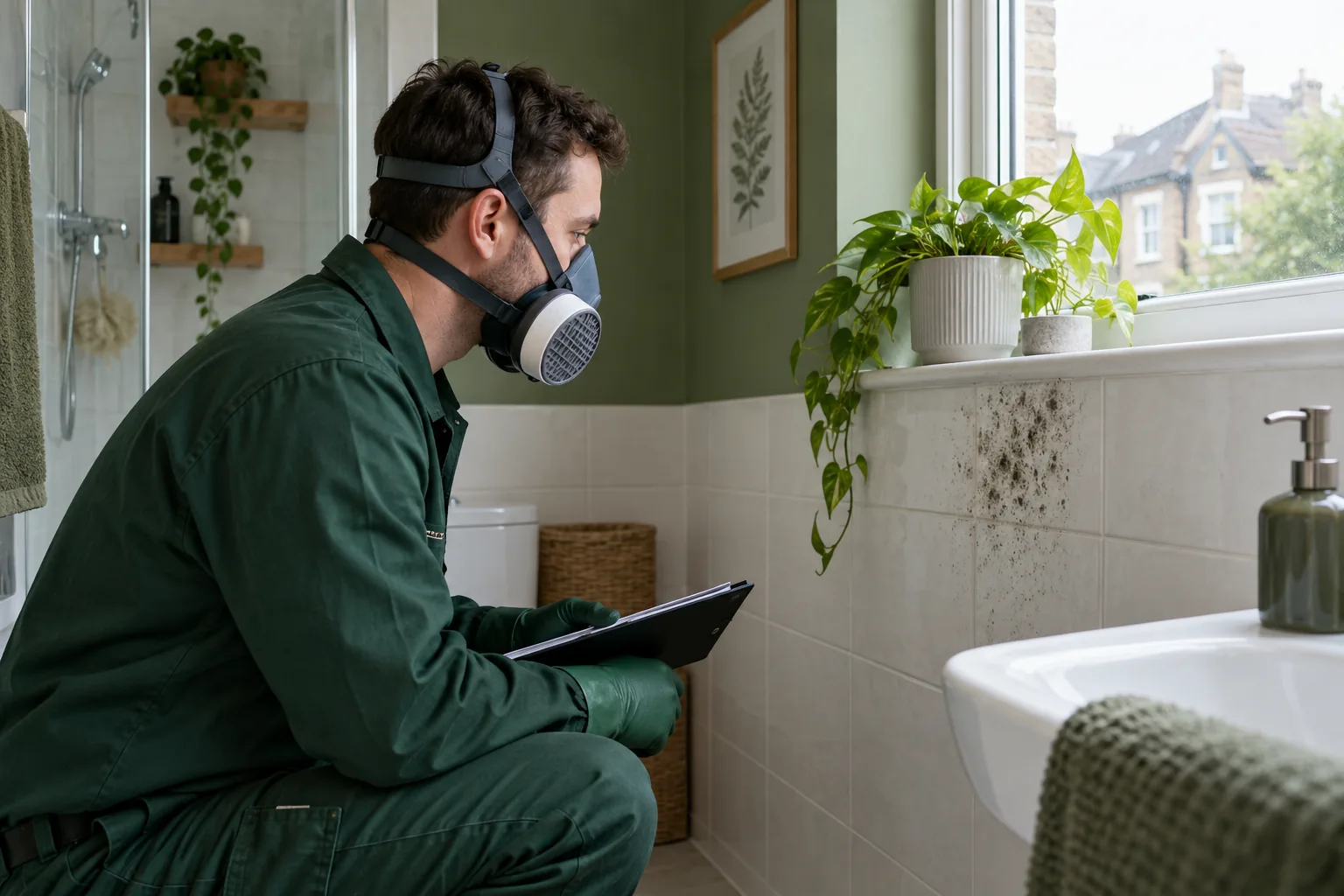Illustration of a small mould patch on bathroom tiles being visually assessed