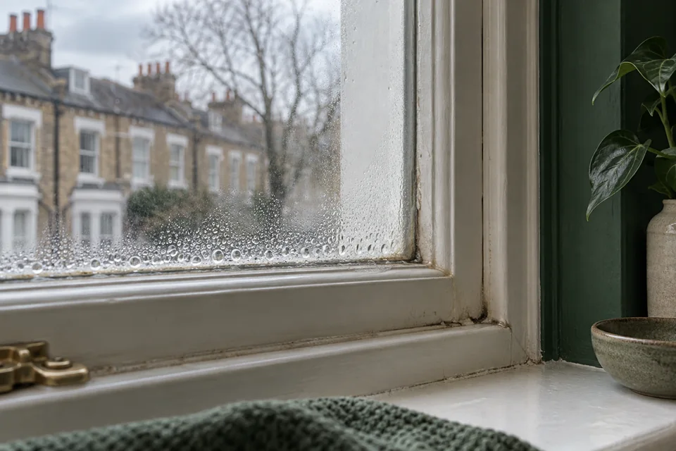 Illustration of condensation at the edge of a household window