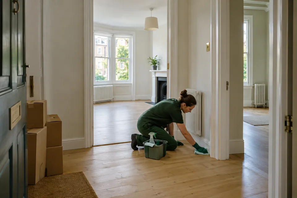 Illustration of room-edge cleaning in a London home during a move