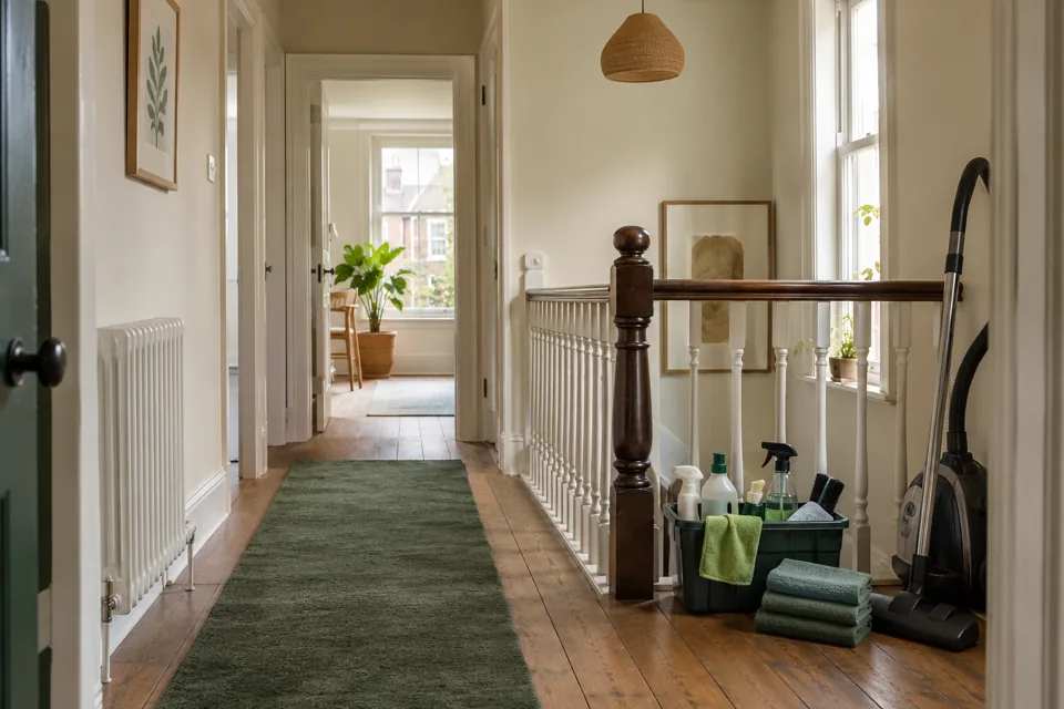 Illustration of a clear London hallway with cleaning equipment ready for access