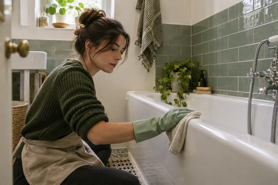 Illustration of accessible bath edges and a tiled surround being wiped