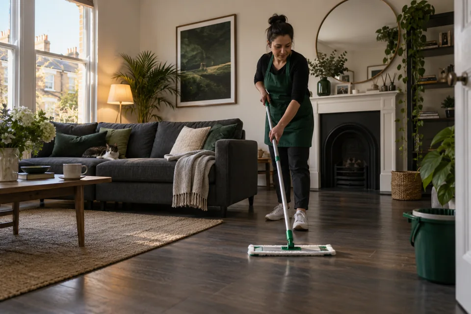Illustration of a clear sitting-room route being cleaned with a flat mop