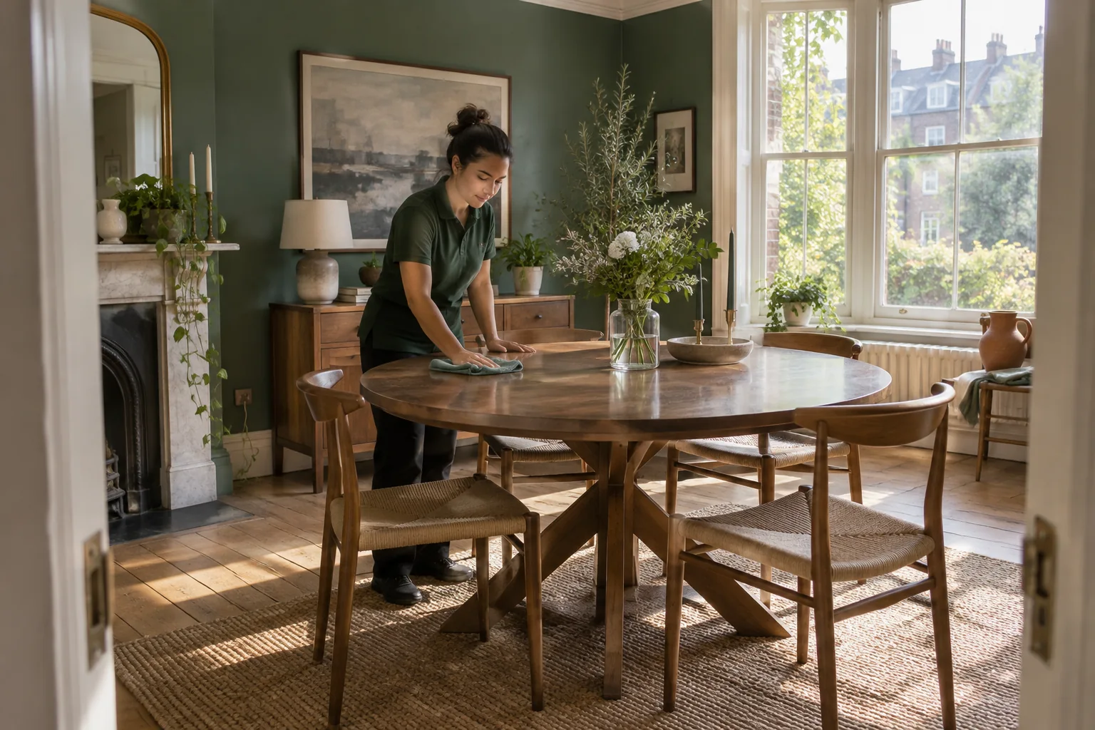 Illustration of a cleared dining table being cleaned before a household occasion