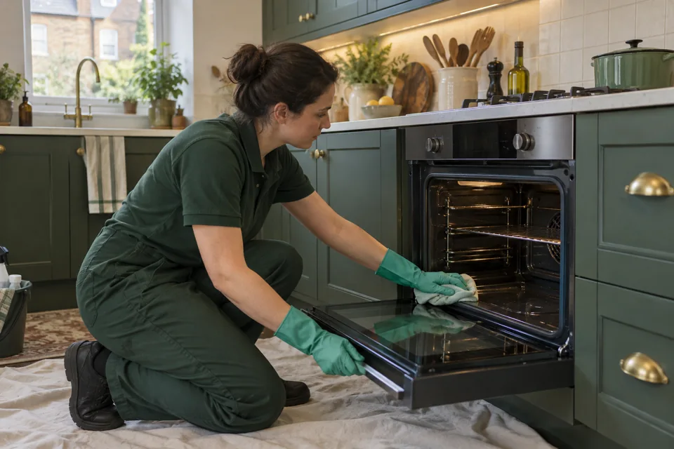 Illustration of wiping the door and accessible opening of a cool oven