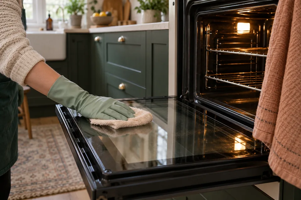 Illustration of the inner glass of an open oven door being wiped without dismantling