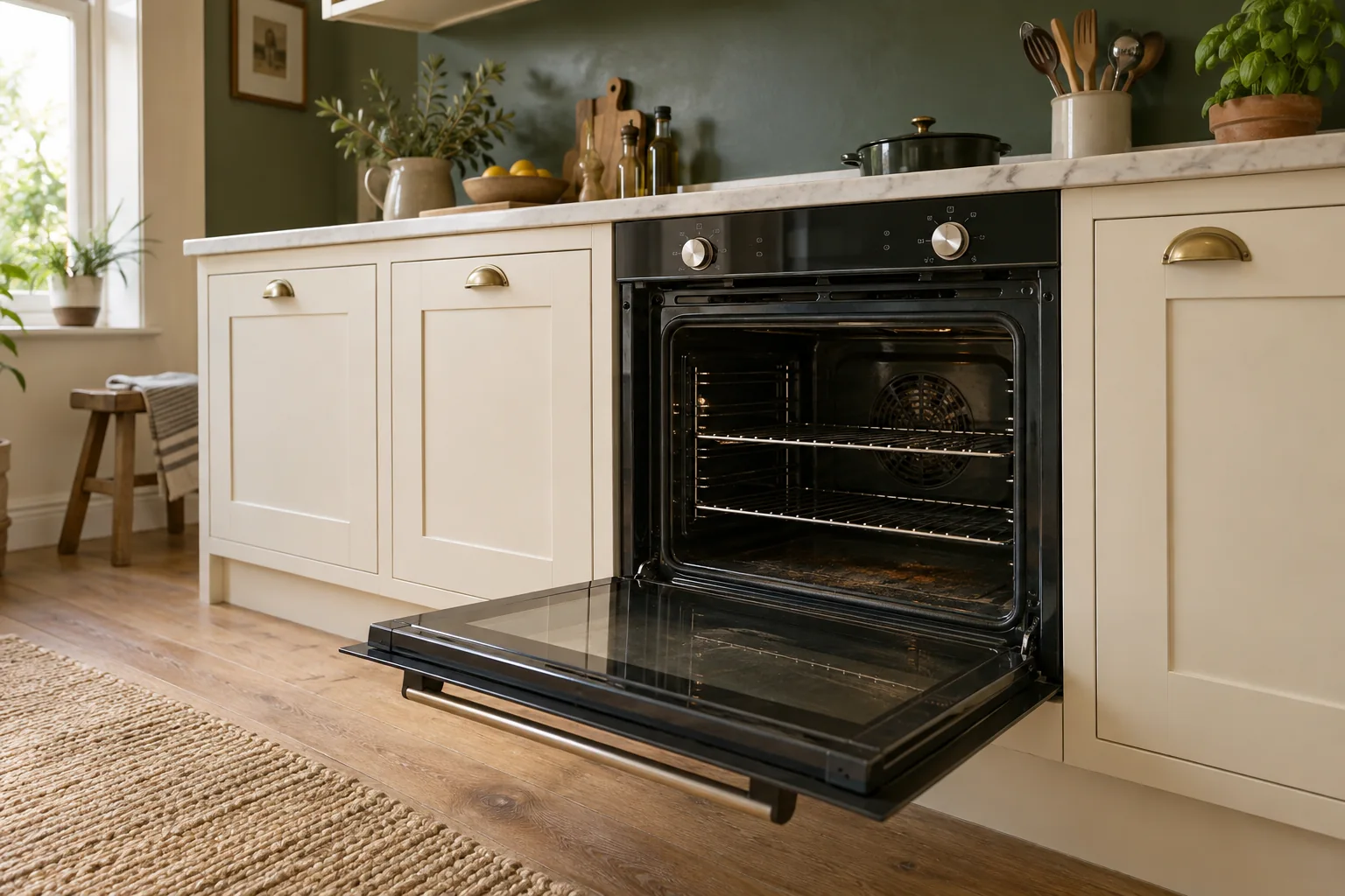 Illustration of an open domestic oven with cooking residue in an ordinary London kitchen