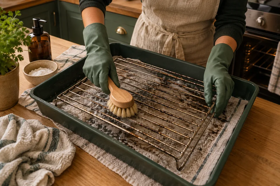 Illustration of a removed oven rack being brushed in a protective tray