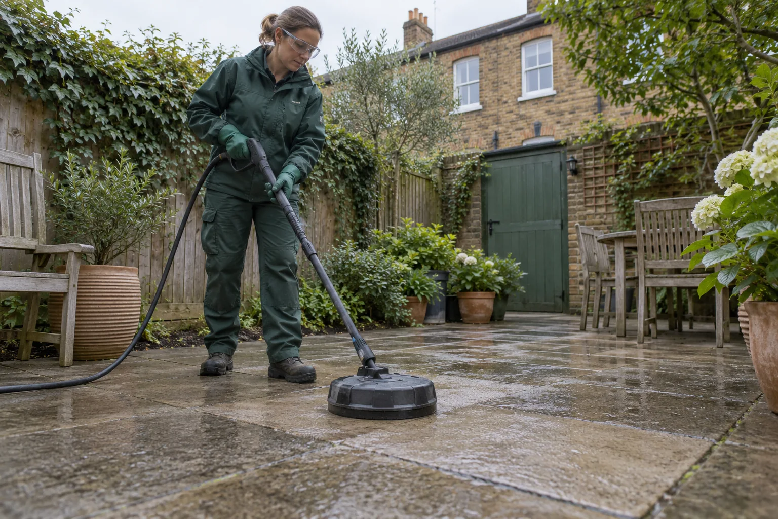 Illustration of controlled cleaning with a rotary head on a London garden patio