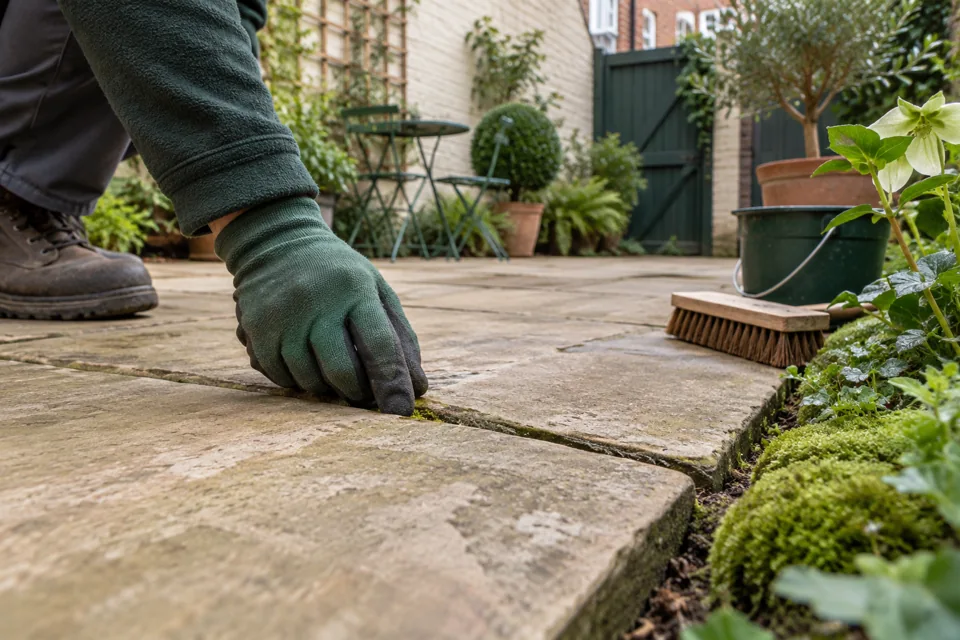 Illustration of paving joints and edge growth being checked before cleaning