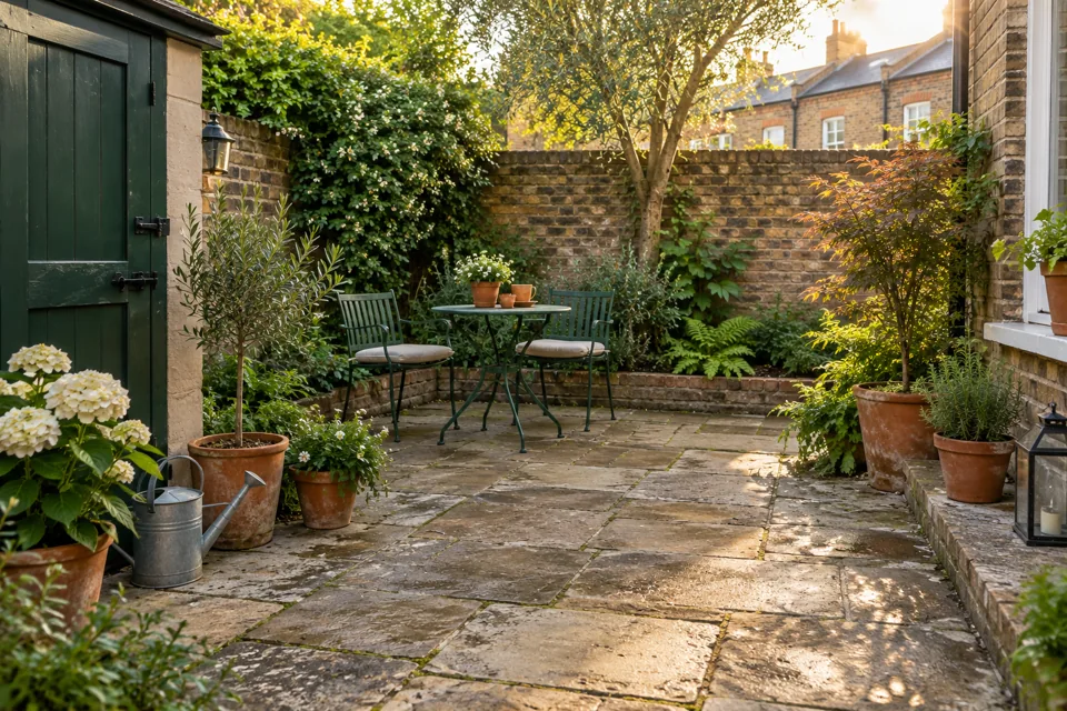 Illustration of a maintained garden seating area retaining the natural variation of its paving