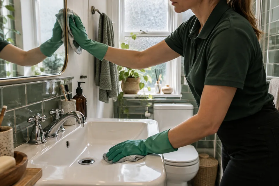 Illustration of routine basin and mirror-edge cleaning in a compact bathroom