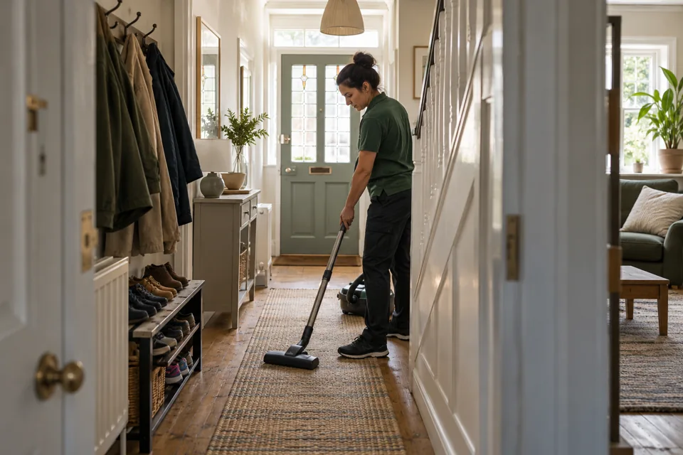 Illustration of a cleaner vacuuming an accessible hallway runner in a London family home