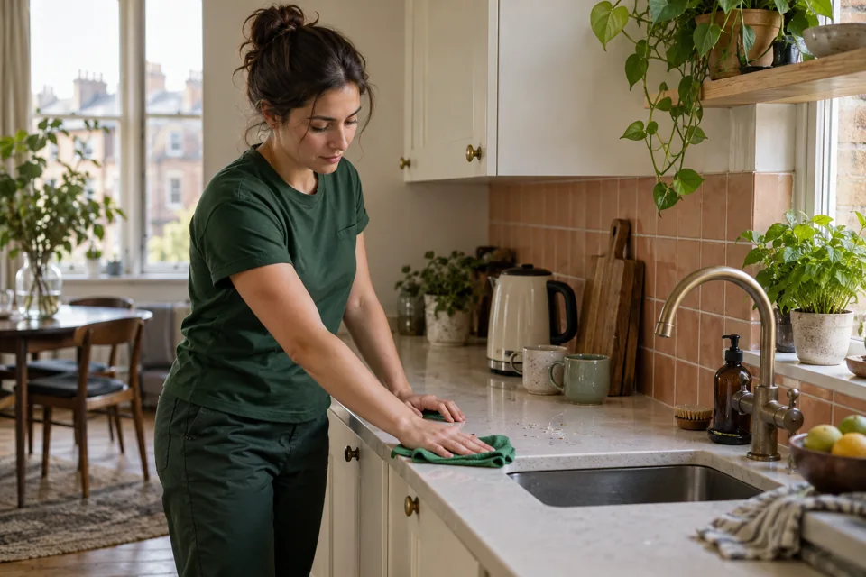 Illustration of a kitchen worktop being wiped as an everyday household task