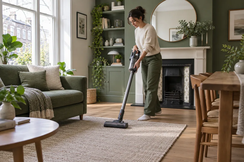 Illustration of vacuuming an accessible sitting-room floor before visitors