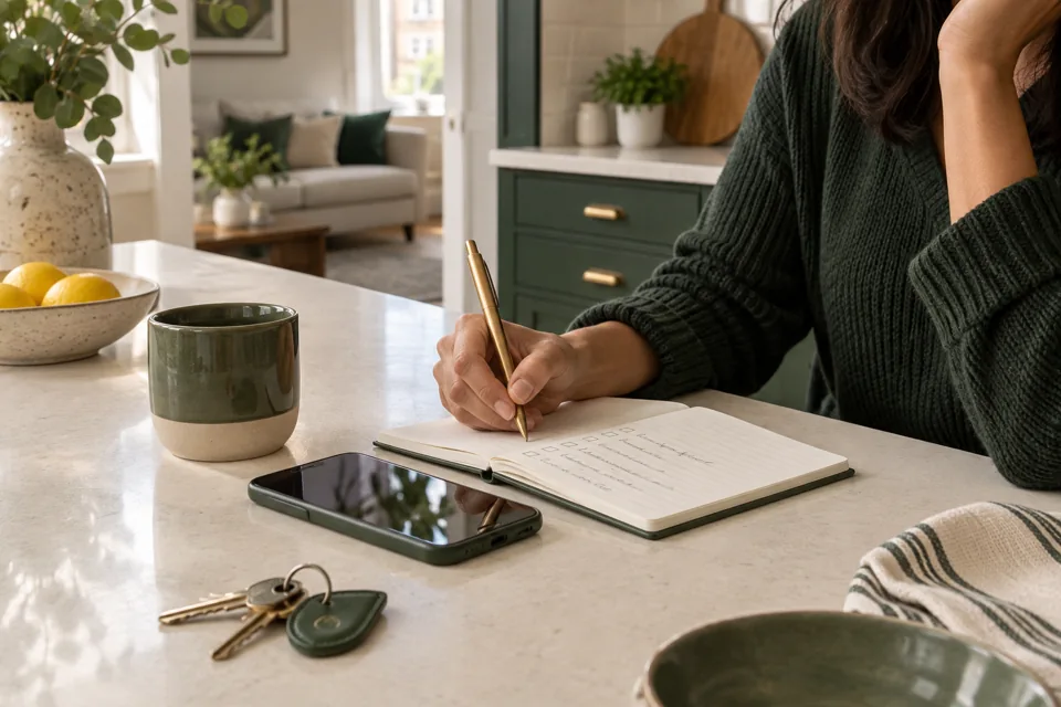 Illustration of a household task list being prepared beside keys and a phone
